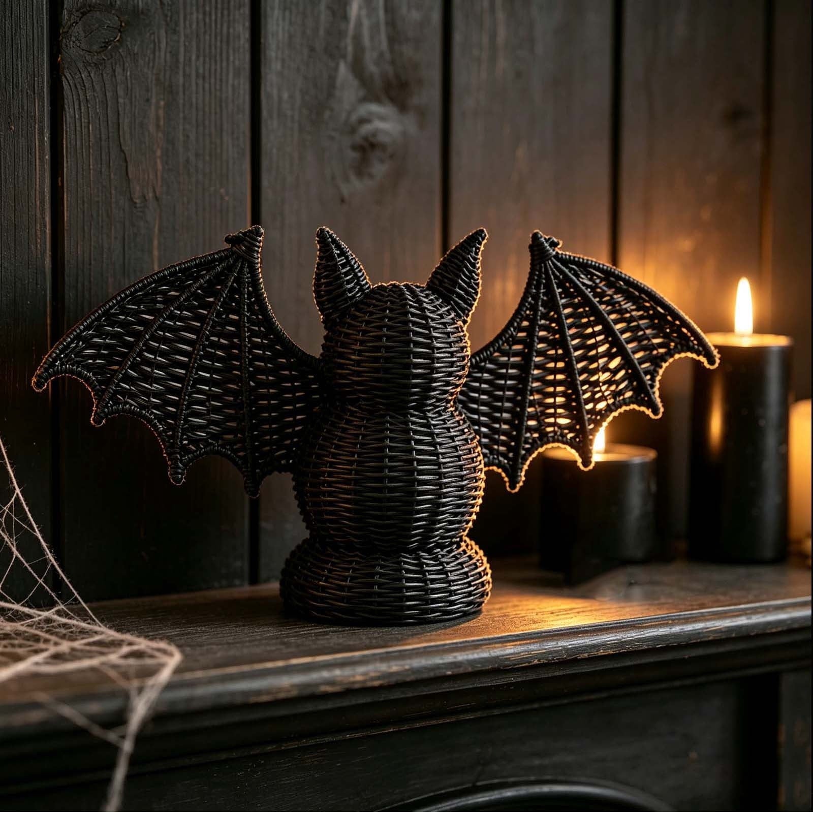 Spooksy™ SHJHENG Woven Bat Figurine â?? Black Rattan Style Halloween Decoration, Spooky Desktop Ornament for Home, Mantel, and Party Display, 7.09 Inch Tall