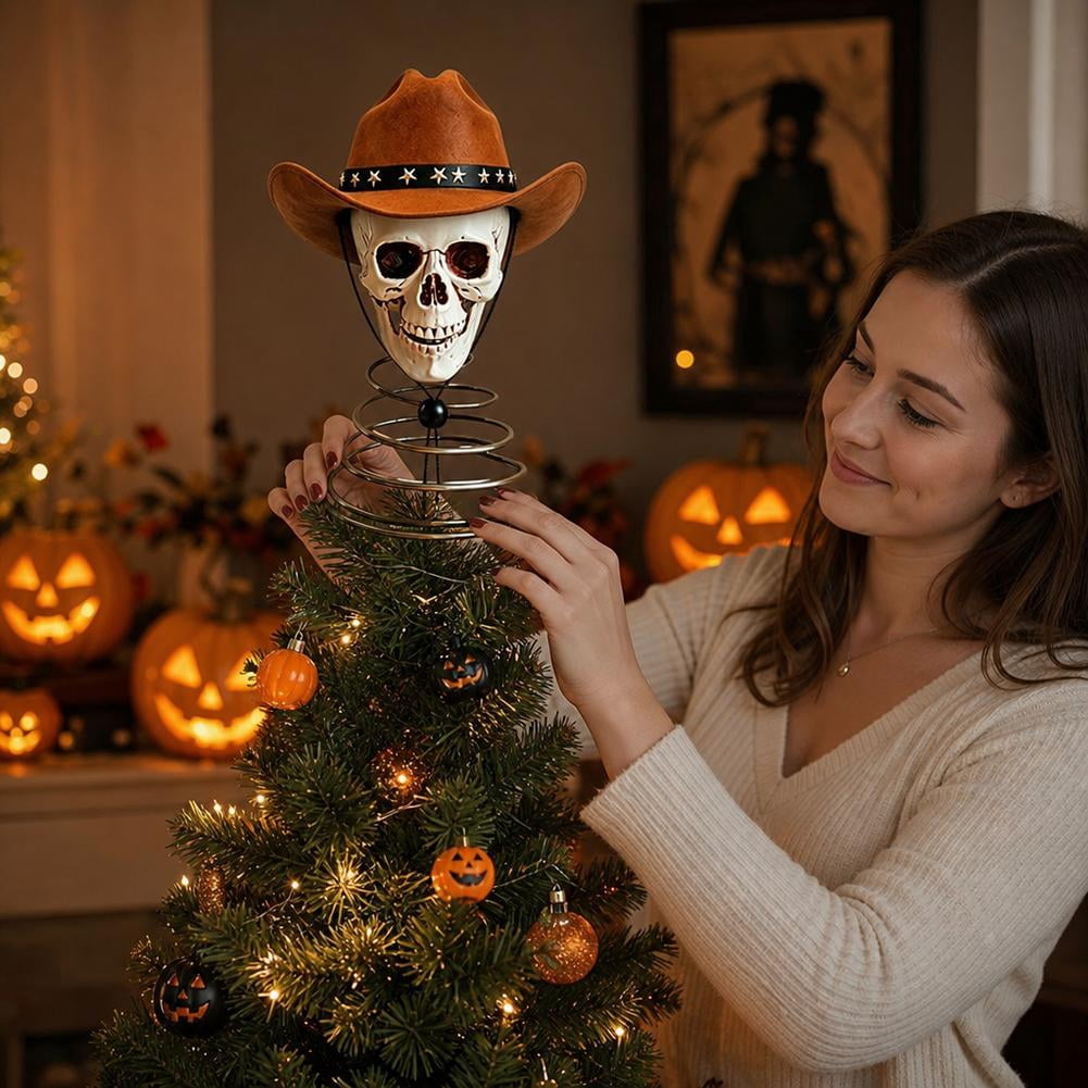 Spooksy™ Halloween Tree Topper, Skeleton Xmas Tree Topper, Halloween Skeleton Trees Decoration, Plastic Skull Ornament with Metal Spring Base, Spooky Holiday Home Party Decor