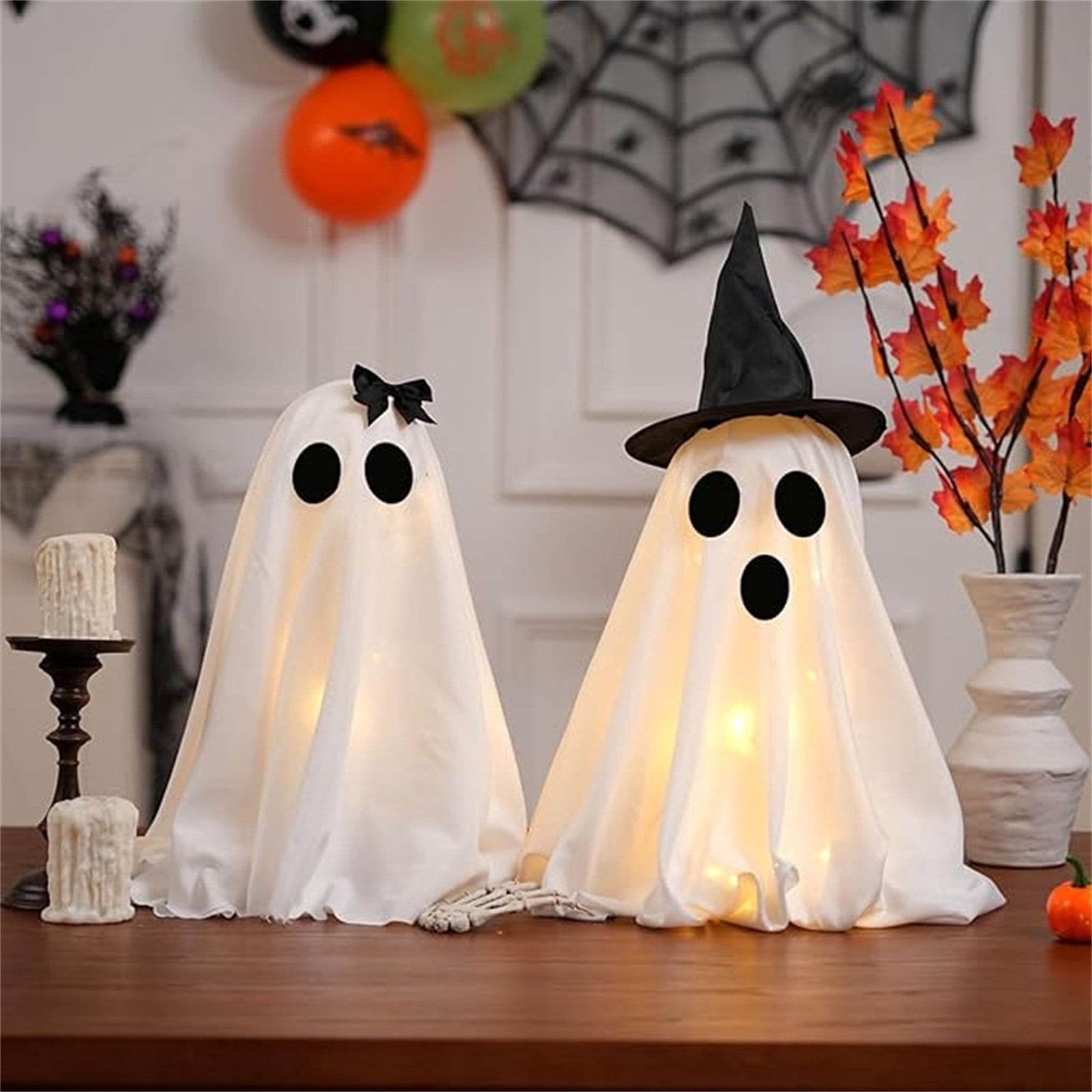 Spooksy™ 2PCS Halloween Ghost Light Set Decoration, Cute Ghost Light up for Home Halloween Party Tabletop Kitchen Counter Fireplace Mantle Decoration