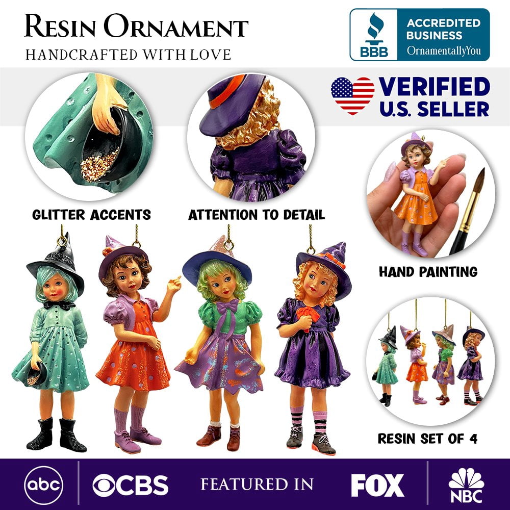 Spooksy™ Classic Victorian Little Witch Girls Set of 4 Ornaments, Vintage Halloween Tree Resin Decoration