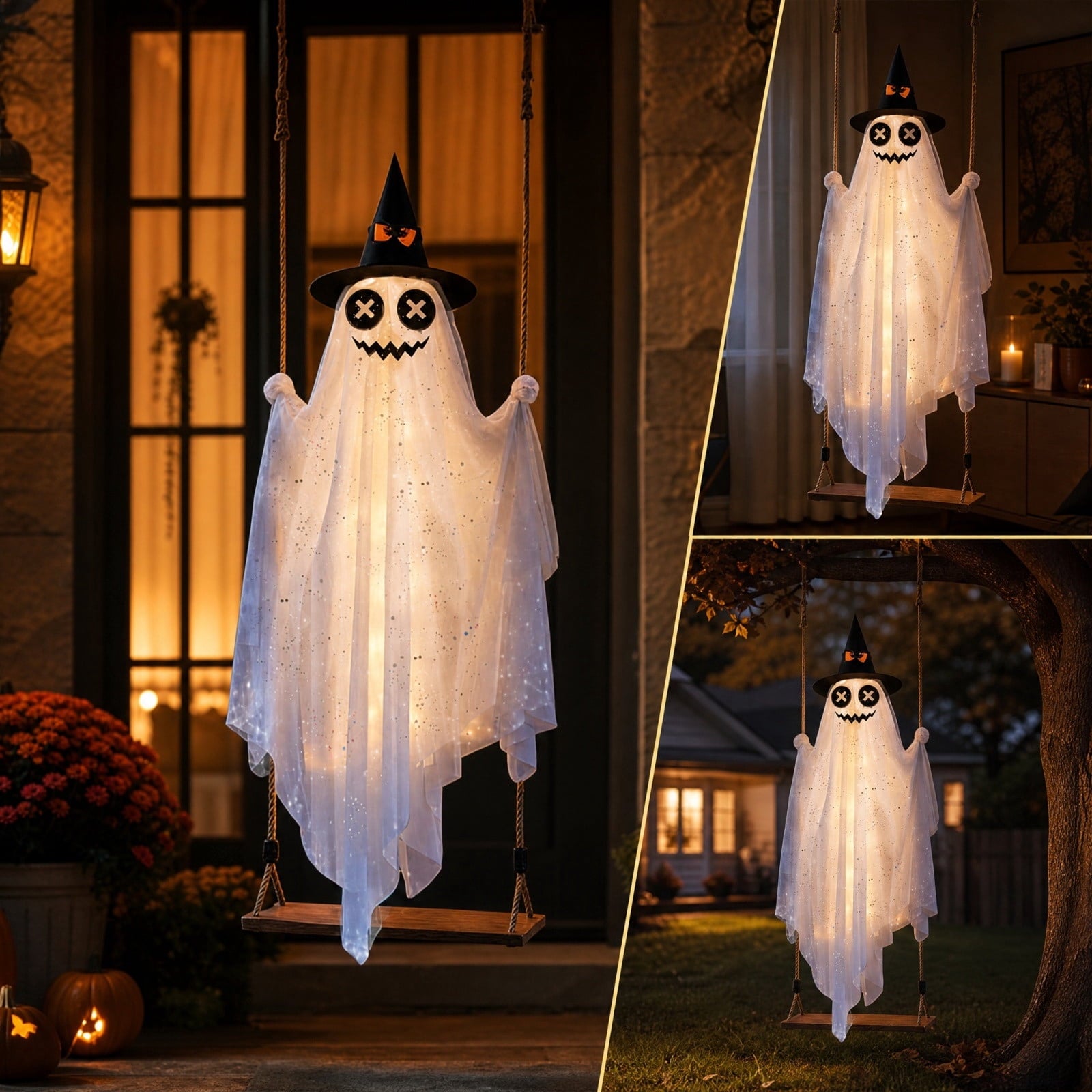 Spooksy™ Halloween Witch Hat Swinging Ghost Ornament, Flexible Anti Deform Structure Quick Mount Soft Cute Appearance, Fabric Ghost Pendant, Hanging Decor for Porch Indoor Holiday Party Space
