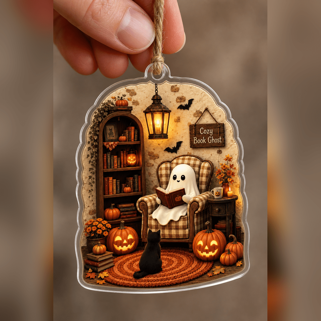 Spooksy™ Cozy Reading Ghost Book Lover Acrylic Halloween Hanging Ornament