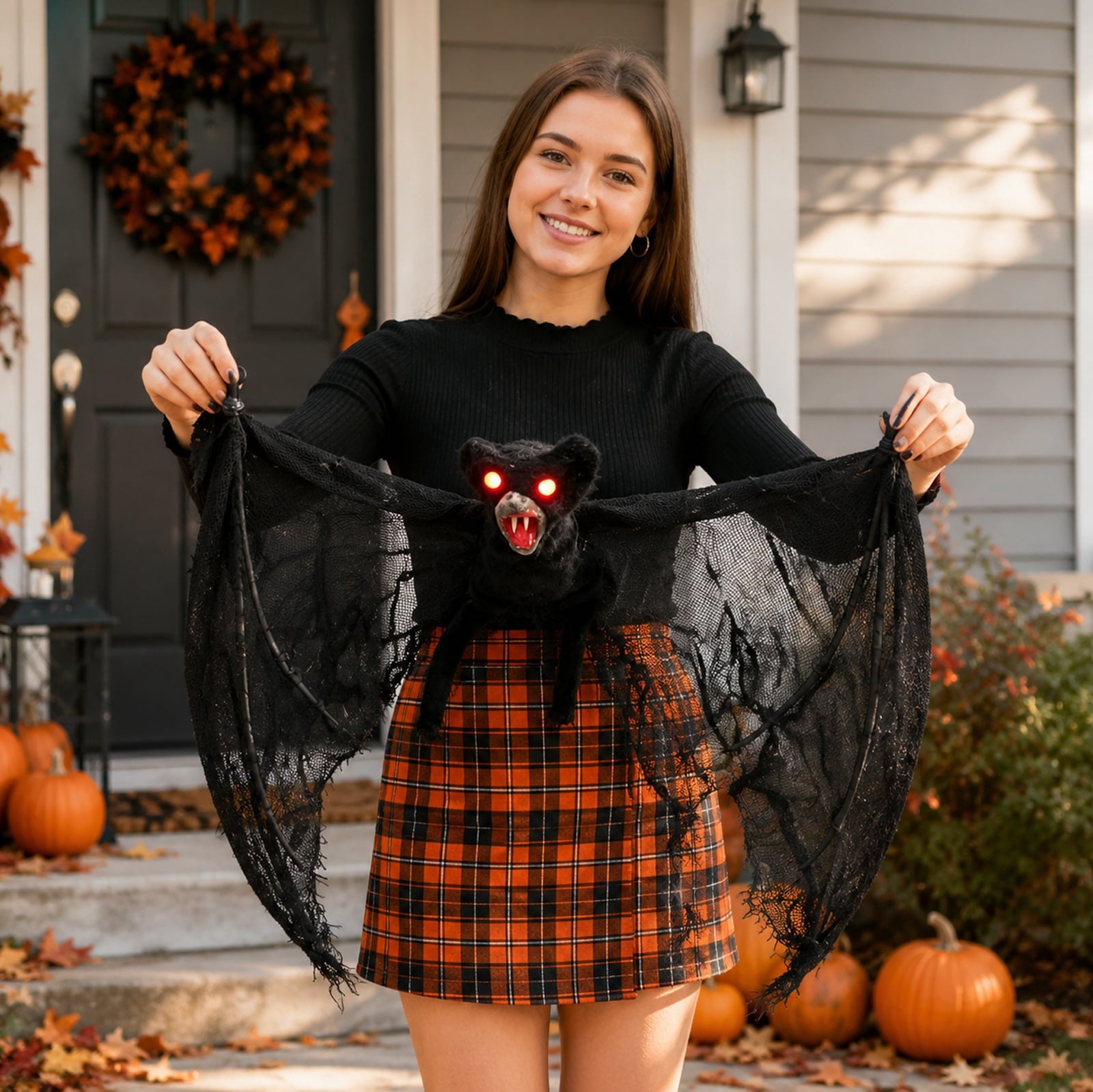 Spooksy™ Spooky Halloween Bat Hanging Prop, Large Scary Bat Decoration with LED Red Eyes, Creepy Black Bat Ornament for Halloween Haunted House, Door, Yard Decor