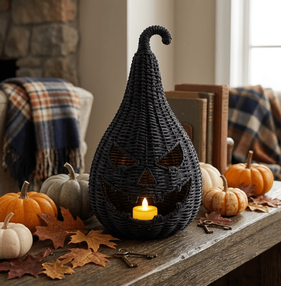 Spooksy™ THOPBPRK 11" Black Handwoven Rattan Teardrop Jack-O'-Lantern Pumpkin Decor, Halloween Tabletop Ornament, Indoor Fall Home Decoration, Pumpkin Ornament for Doorstep Halloween Party