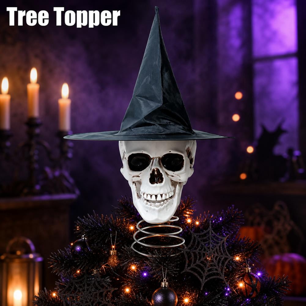 Spooksy™ Halloween Tree Topper, Skeleton Xmas Tree Topper, Halloween Skeleton Trees Decoration, Plastic Skull Ornament with Metal Spring Base, Spooky Holiday Home Party Decor