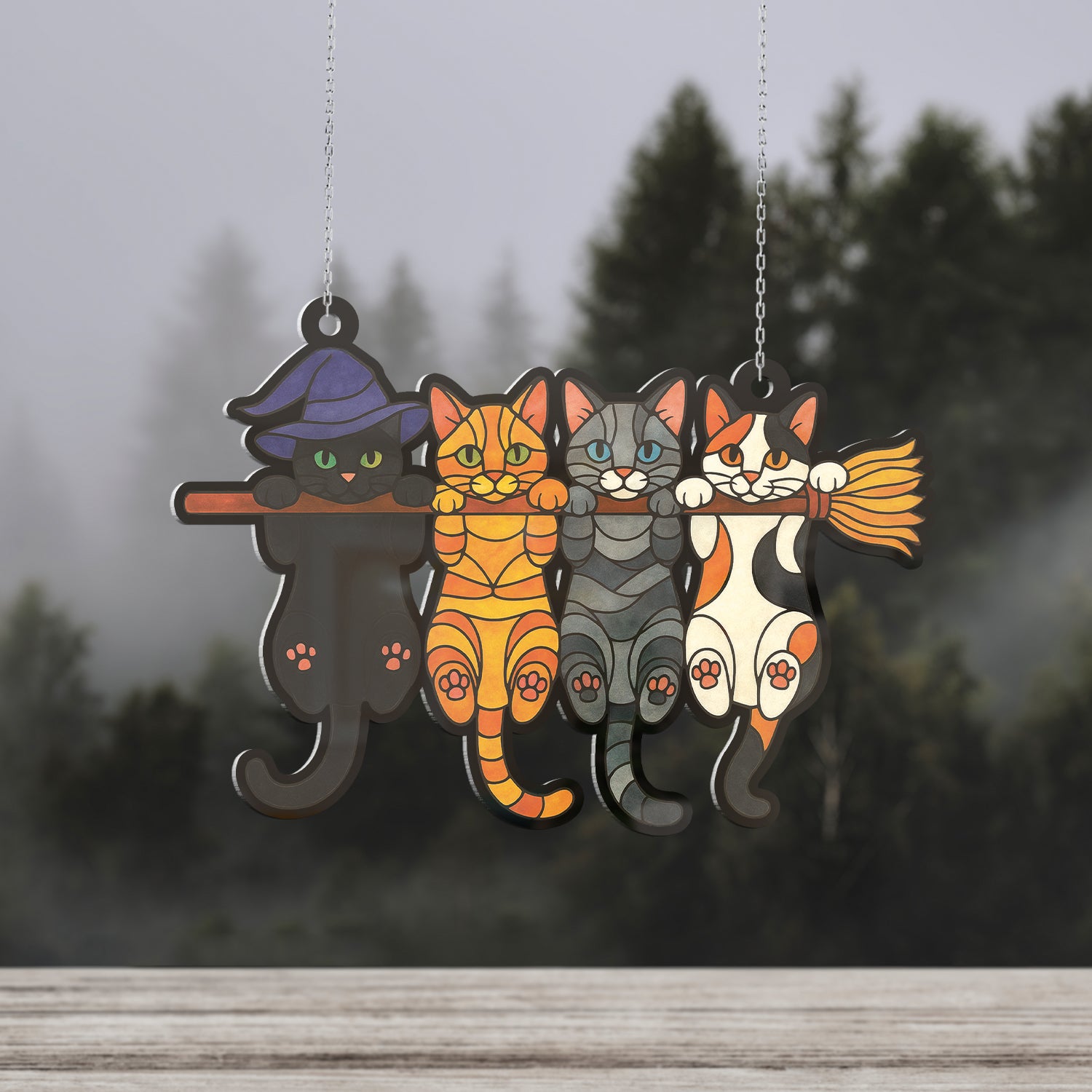 Spooksy™ Lotusprinthandmade Halloween Cat Witch Hat Broom Custom Shape Window Hanging Acrylic Ornament With Acrylic Charm