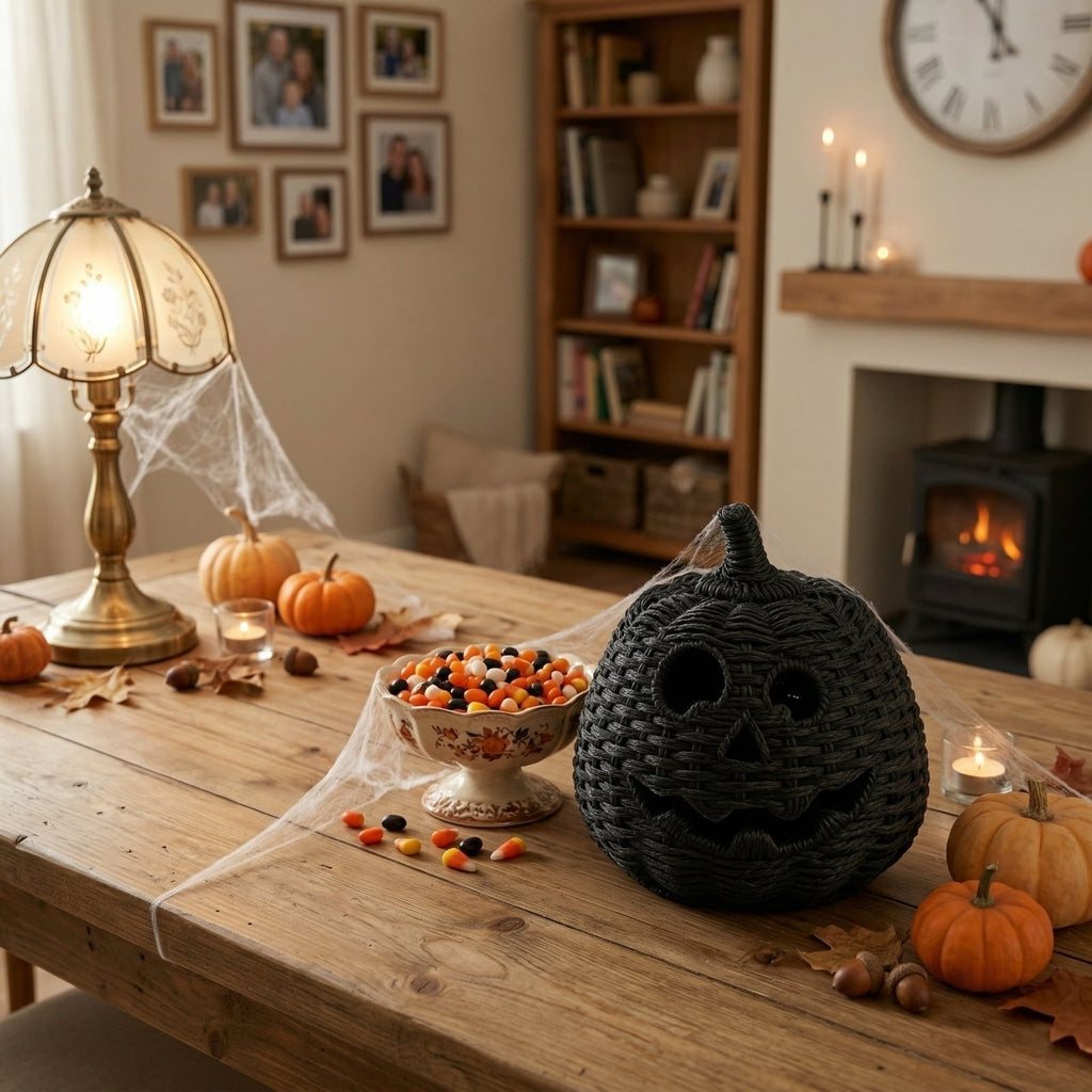 Spooksy™ XHKUYI Halloween Hand-Woven Pumpkin Decorations 10 inch, Happy Haunting Seagrass Plastic Pumpkin Ornament, for Halloween Entryway Tabletop Mantel Haunt House Porch Decor