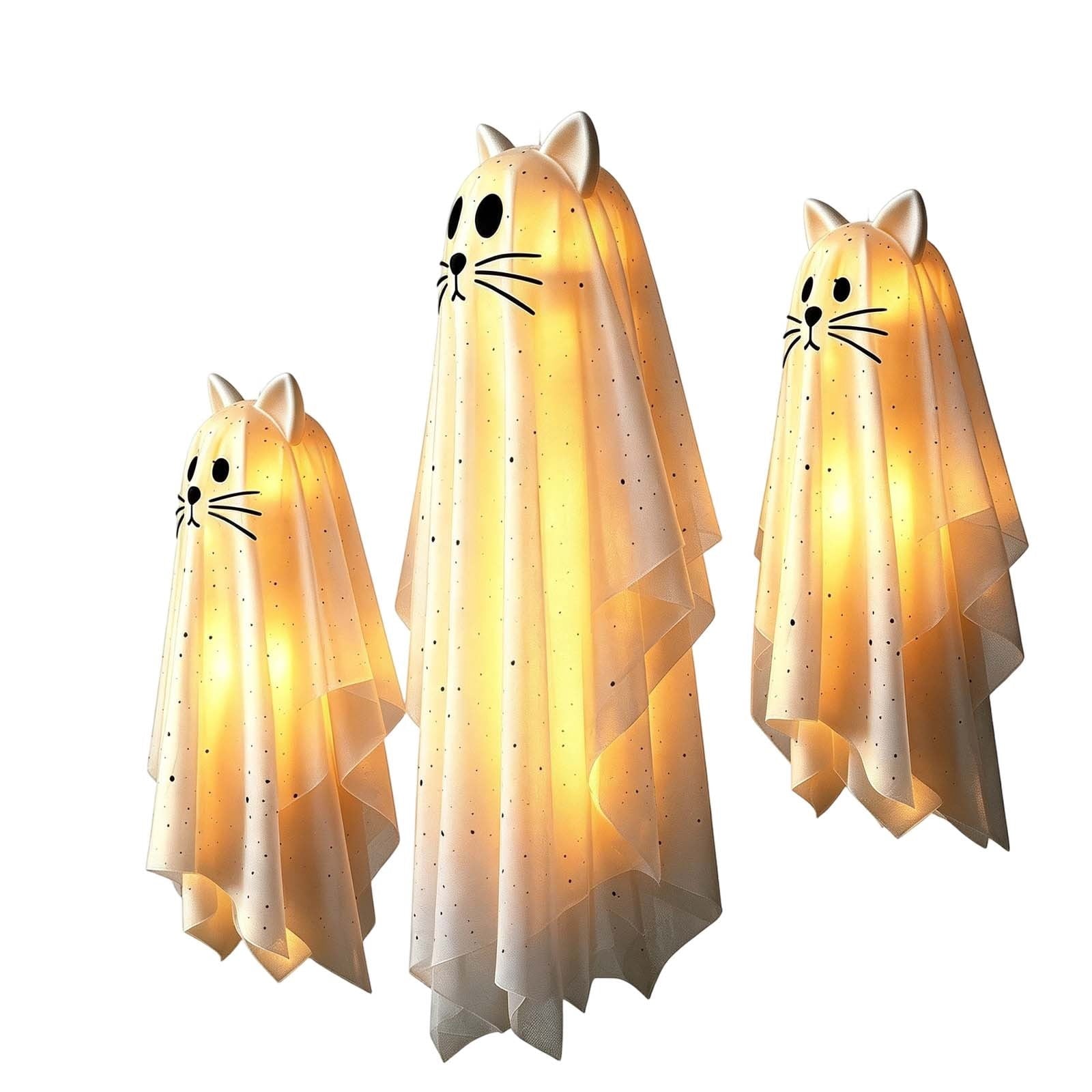 Spooksy™ Hanging Ghost Decorations, 3 Pack Light Up Cat Ghost Ornaments with Warm LED Lights Glitter Fabric Floating Design, Cute Spooky Halloween Decor for Porch Tree Yard Indoor Outdoor