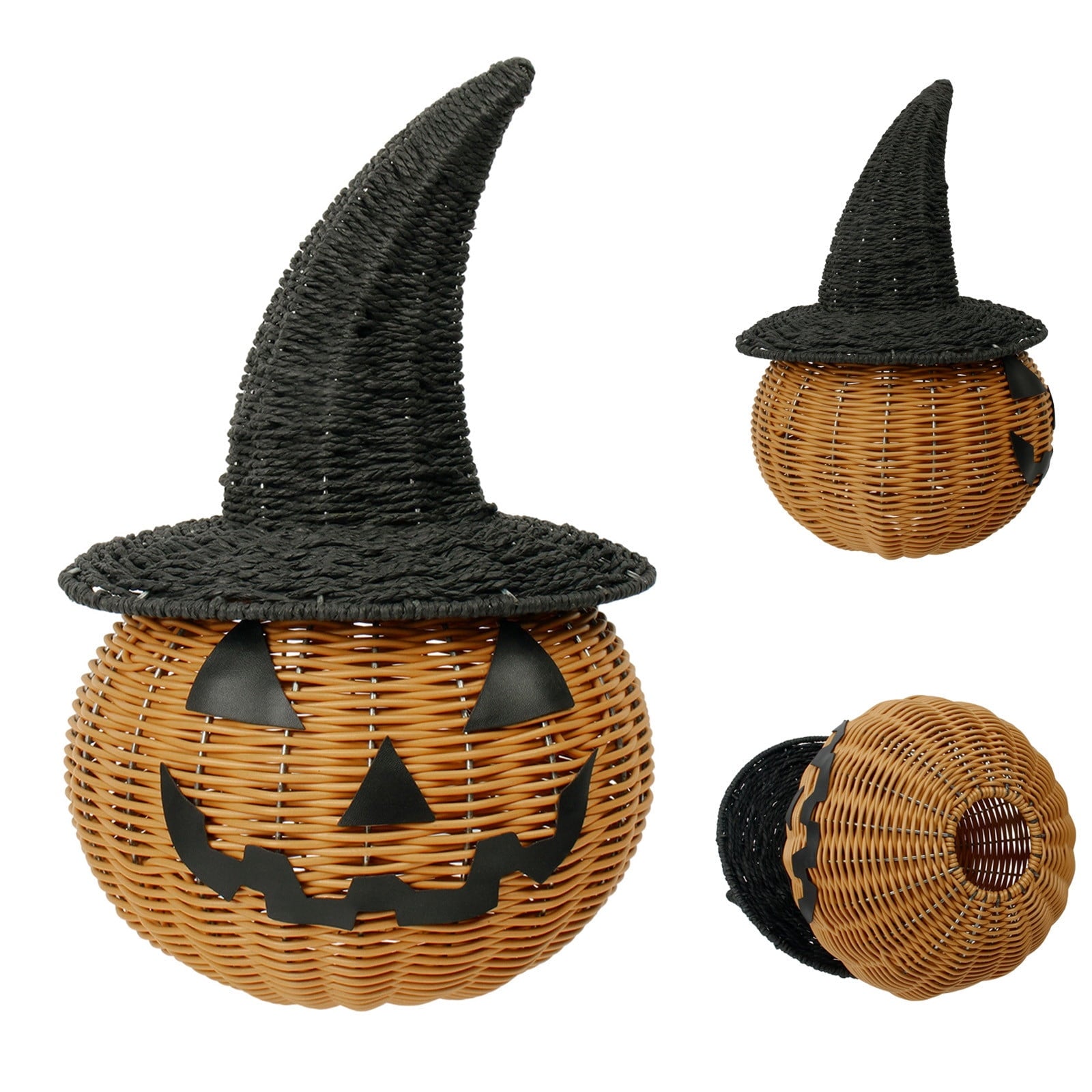 Spooksy™ Hand-Woven Pumpkin Witch Hat Halloween Decor, Natural Textured Freestanding Ornament, Weather Resistant Multipurpose Holiday Accessory, Seasonal Display for Front Door Porch Tabletop Entryway