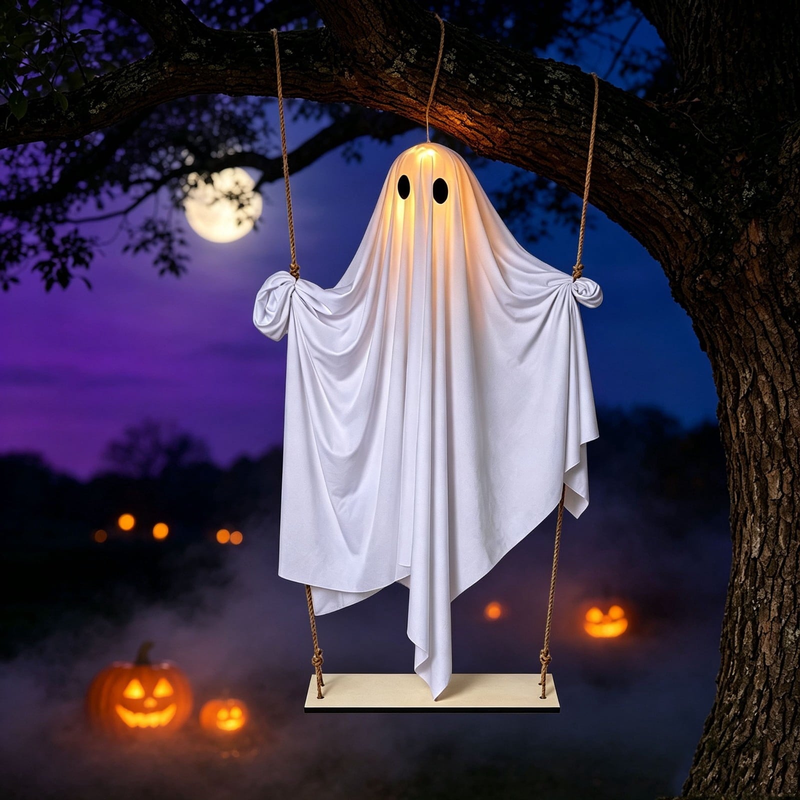 Spooksy™ Halloween Hanging Ghost Decor With Lights, Lighted White Ghost Ornament for Porch Tree Doorway Party Display, Spooky Fabric Hanging Decoration for Indoor Outdoor Holiday Scenes