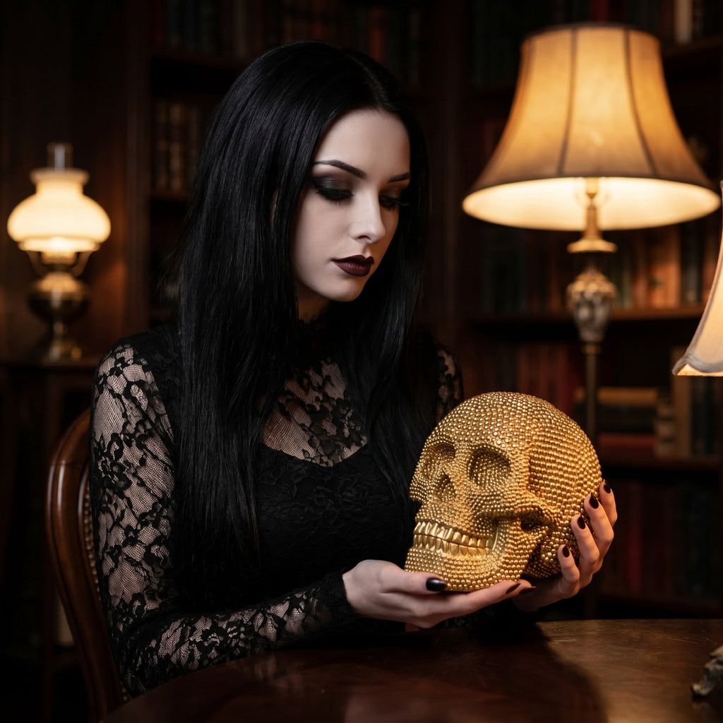 Spooksy™ GIPQJK Summerween Halloween Diamond Resin Skull Gold, Rhinestone Embellished Skeleton Head Ornament for Party Home Decor Desktop Display Gold