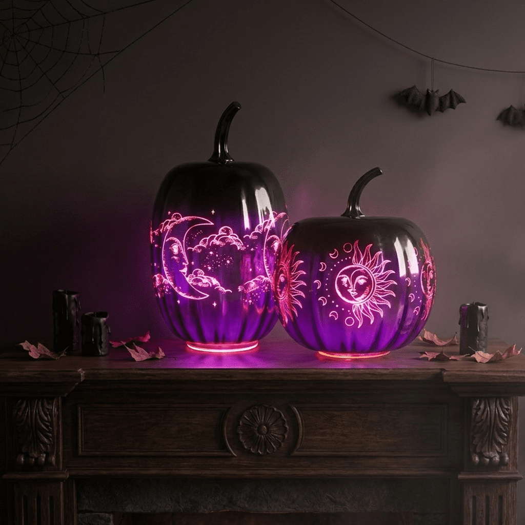 Spooksy™ 2pcs Fall Halloween Pumpkin-Purple Glass Pumpkin Ornament with Enchanted Moon & Star Pattern and Built - in Fairy Lights for Decor