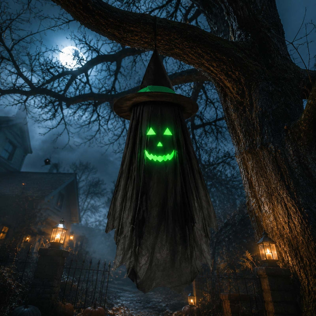 Spooksy™ Halloween Ghost Glow in Dark Outdoor Hanging Ornament 11.8 Inch - Spooky Luminous Pendant with Expressive Face for Yard Porch Tree Party Decor