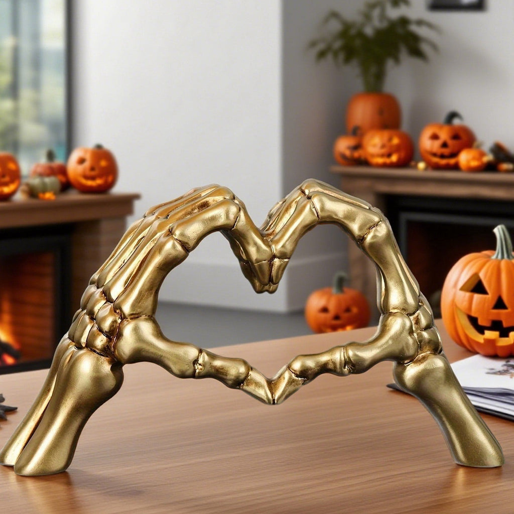 Spooksy™ Halloween Resin Abstract Skeleton Statue Love Ornaments Heart Shape Finger Gesture Figurines Halloween Home Desktop Decoration for Shelf Display Coffee Table Centerpiece Wedding Decor