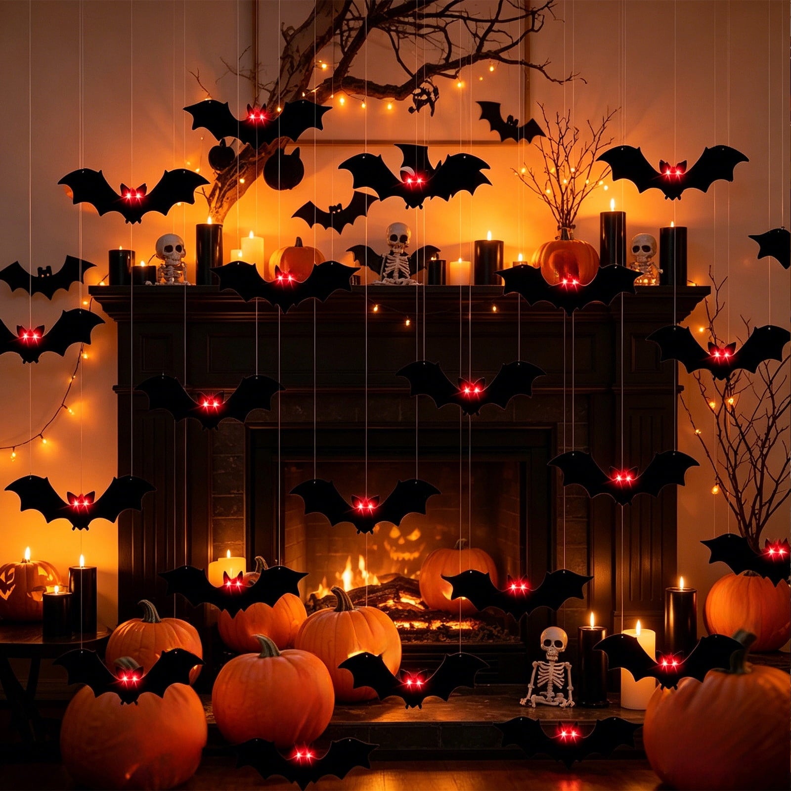 Spooksy™ Halloween Light Up Bats Decor Kit, Red Eye Bat Silhouette Hanging Ornaments With Mounting Accessories And Creepy Glow Effect, Halloween Party Decorations for Home Wall Door Window And Event Displays