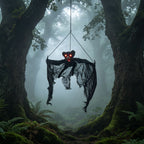 Spooksy™ Spooky Halloween Bat Hanging Prop, Large Scary Bat Decoration with LED Red Eyes, Creepy Black Bat Ornament for Halloween Haunted House, Door, Yard Decor