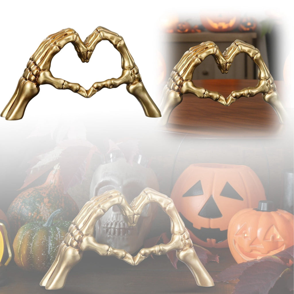 Spooksy™ Halloween Resin Abstract Skeleton Statue Love Ornaments Heart Shape Finger Gesture Figurines Halloween Home Desktop Decoration for Shelf Display Coffee Table Centerpiece Wedding Decor