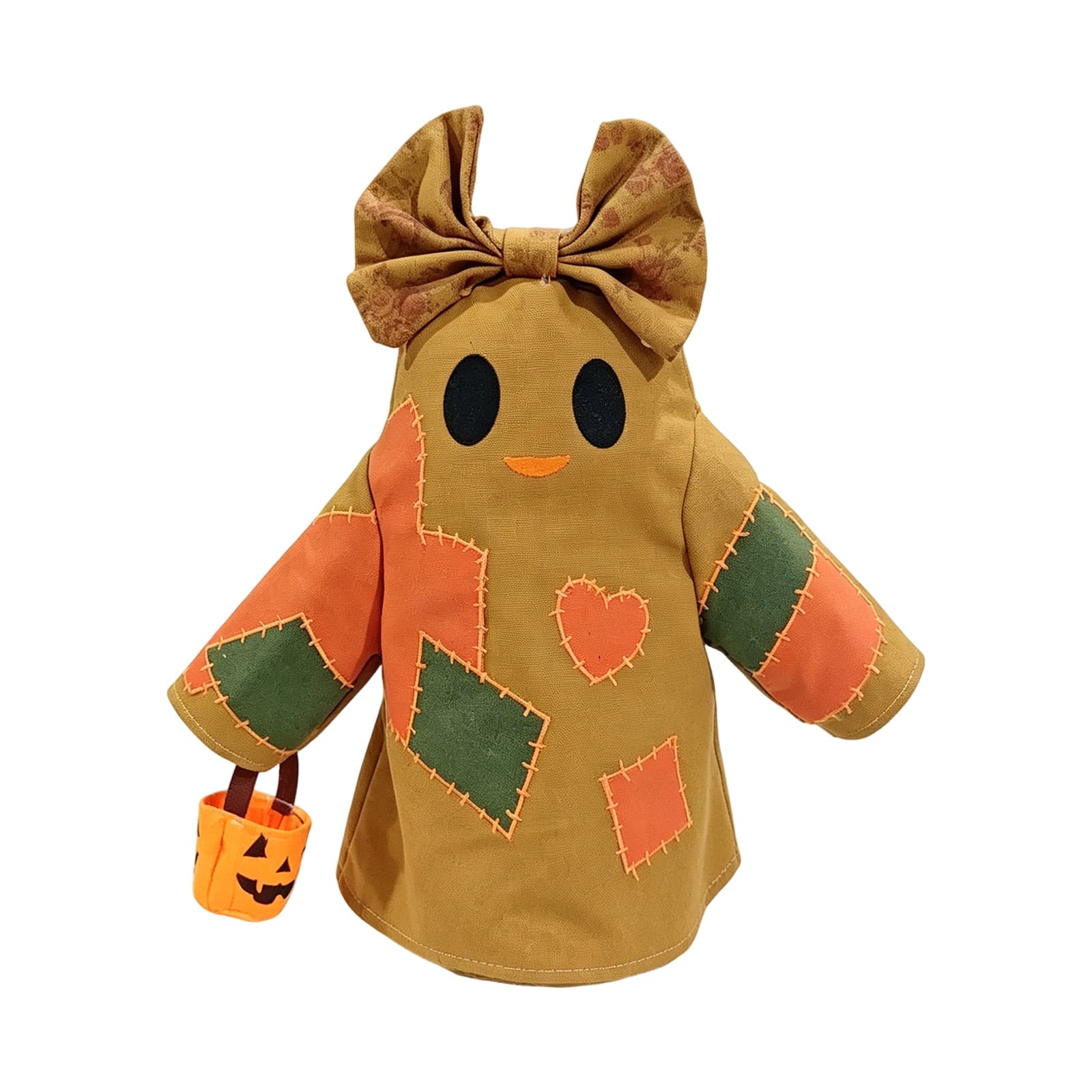 Spooksy™ Halloween Vintage Patchwork Ghost Doll, Linen Fabric Bow Ghost Ornament With Mini Pumpkin Bucket, Farmhouse Tabletop Hanging Holiday Decor