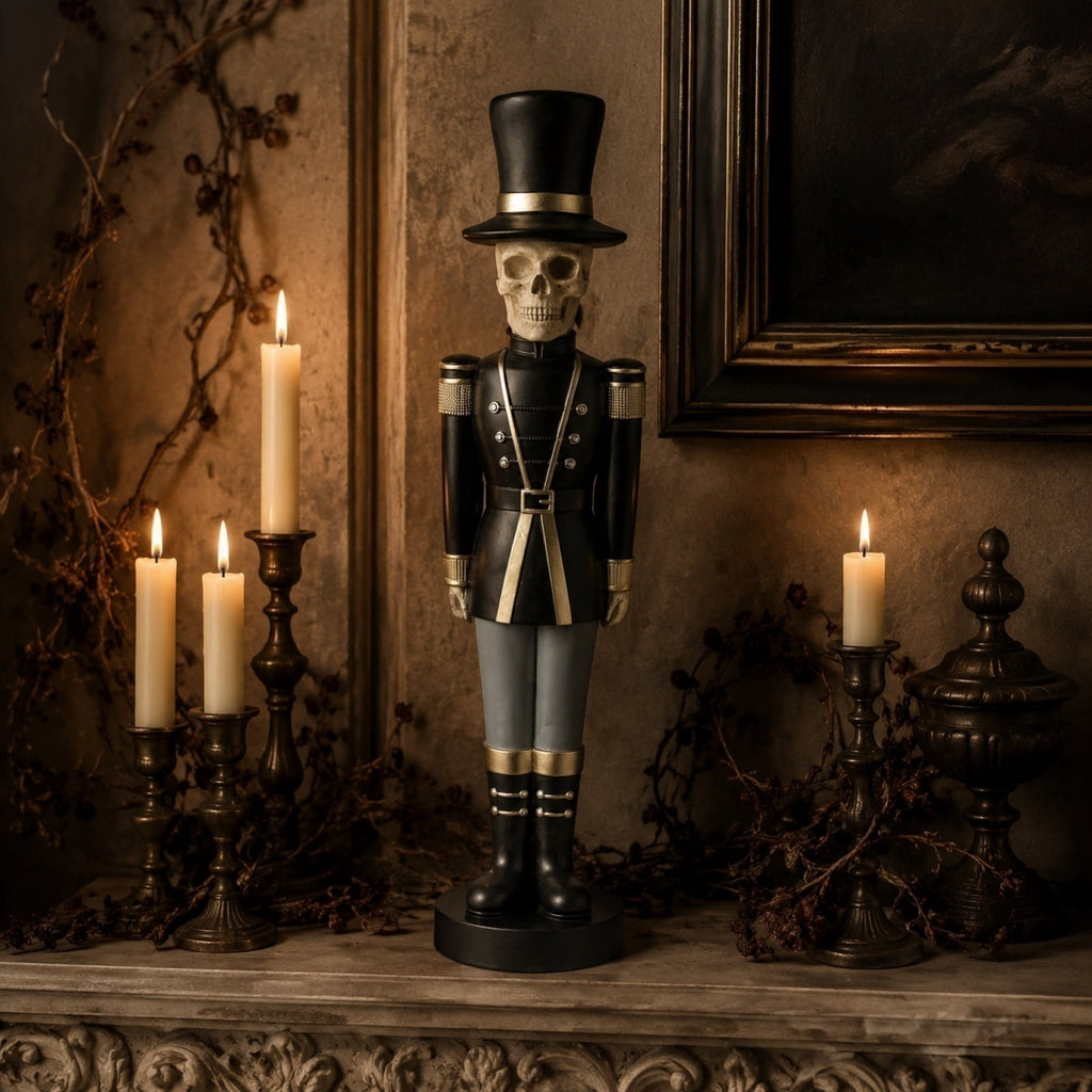 Spooksy™ 14" Resin Skeleton Nutcracker Figurine, Halloween Soldier Statue, Hand Painted Black Gold Nutcracker Ornament for Holiday Tabletop Decoration