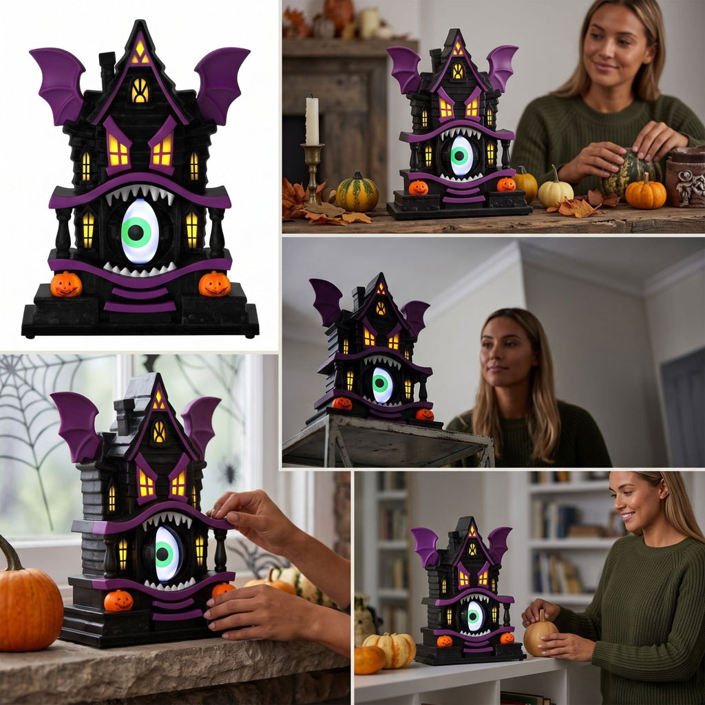Spooksy™ Light Up Gothic Monster House Figurine, Built In Warm Internal Illumination Castle Decor, Anti Toppling Detailed Sculpted Desktop Ornament for Household Indoor Halloween Party Display