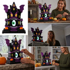Spooksy™ Light Up Gothic Monster House Figurine, Built In Warm Internal Illumination Castle Decor, Anti Toppling Detailed Sculpted Desktop Ornament for Household Indoor Halloween Party Display