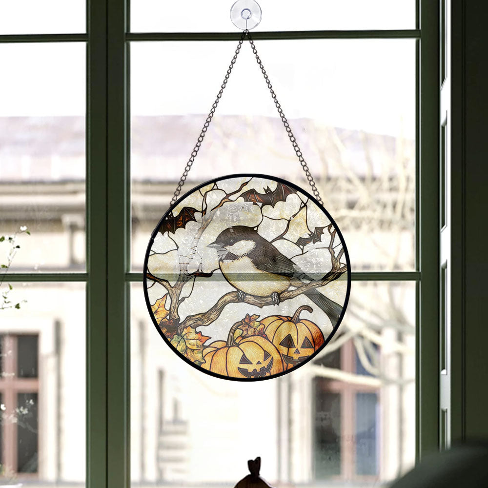 Spooksy™ Bedroom Christmas Gift - Halloween Chickadee Christmas Stained Glass Hanging Ornament - Nature-Inspired Holiday Tree Decoration, Xmas Gift for Mom, Dad, Family, Friends