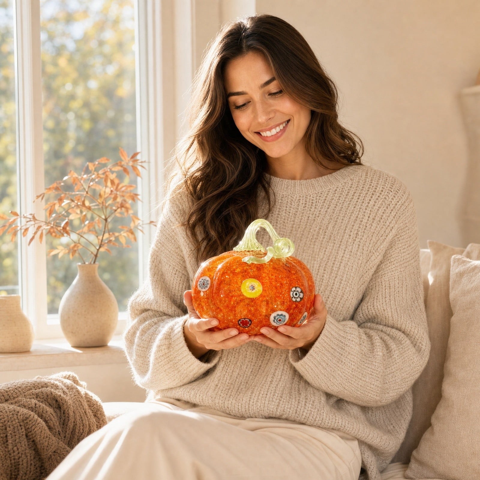 Spooksy™ Glass Pumpkin Ornament, Swirl Art Glass Figurine Fall Thanksgiving Halloween Tabletop Home Decor, Stripe Pumpkin Statue Orange