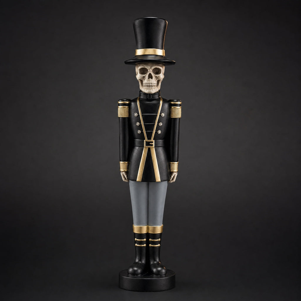 Spooksy™ 14" Resin Skeleton Nutcracker Figurine, Halloween Soldier Statue, Hand Painted Black Gold Nutcracker Ornament for Holiday Tabletop Decoration