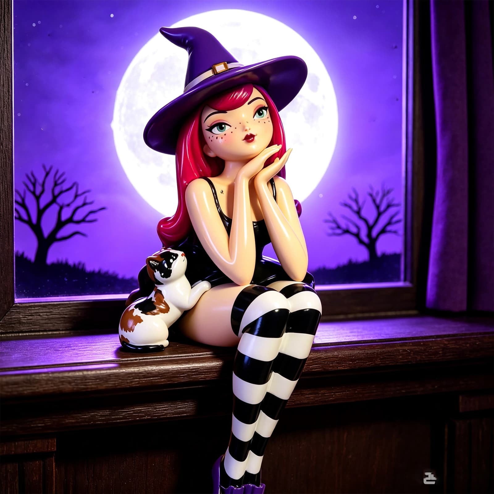 Spooksy™ Halloween Witch Shelf Sitter Figurine Set,3 Pc Gothic Witch Girl Statue With Cat Companion,Witchy Home Decor,Cute Spooky Edge Sitting Witch Decor,Whimsical Tabletop Ornament For Mantel Shelf Office
