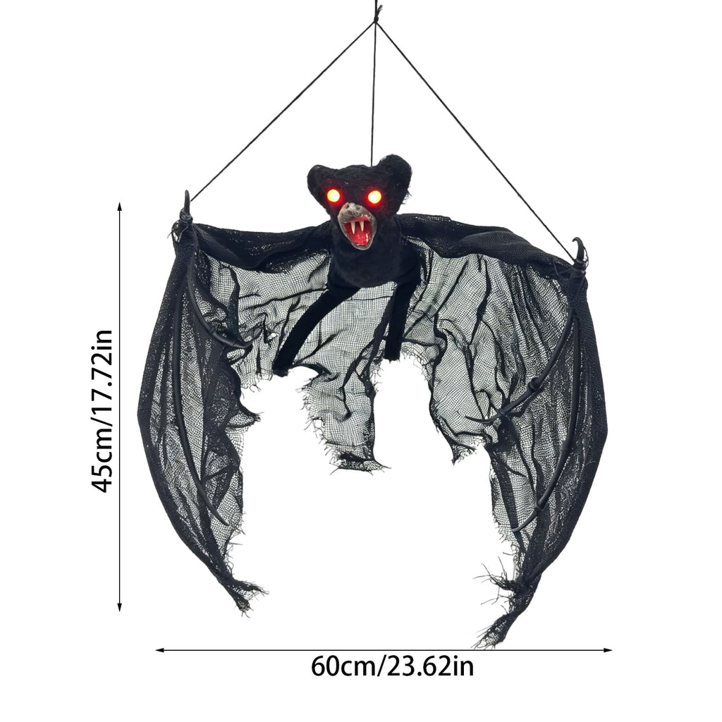 Spooksy™ Spooky Halloween Bat Hanging Prop, Large Scary Bat Decoration with LED Red Eyes, Creepy Black Bat Ornament for Halloween Haunted House, Door, Yard Decor