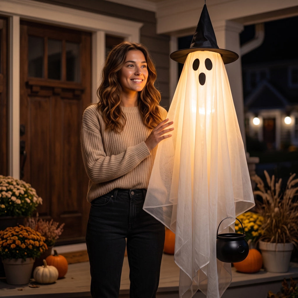 Spooksy™ Halloween Hanging Ghost Witch Hat Decorations 2 Pack Couple Ornaments, Outdoor Yard Garden Hanging Decor With Bow And Cauldron Accents, Front Porch Holiday Party Decoration