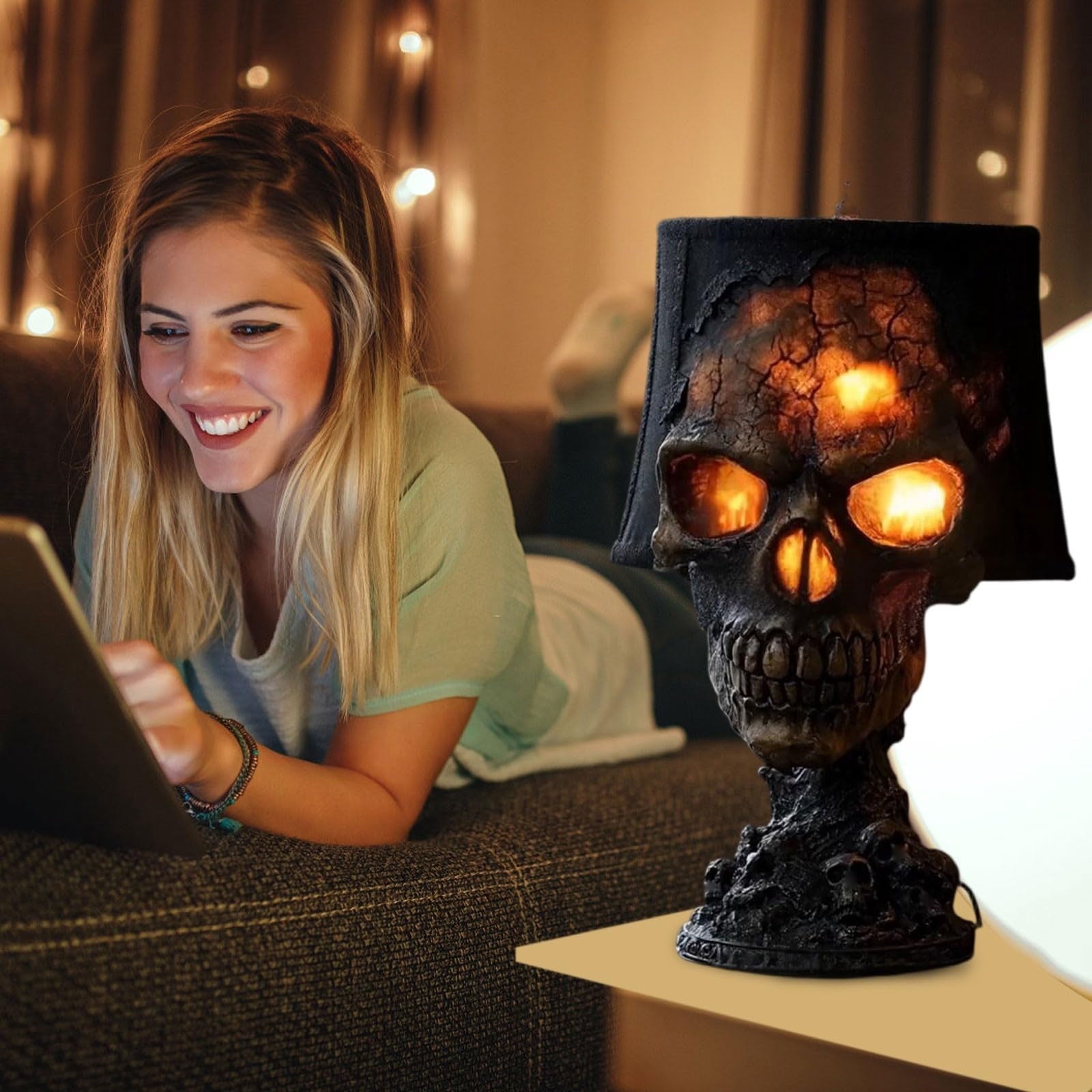 Spooksy™ HAHUT Halloween Lava Stone Skull Table Lamp, Gothic Resin Skeleton Statue Ornament for Halloween Anniversary Valentines Birthday Gifts