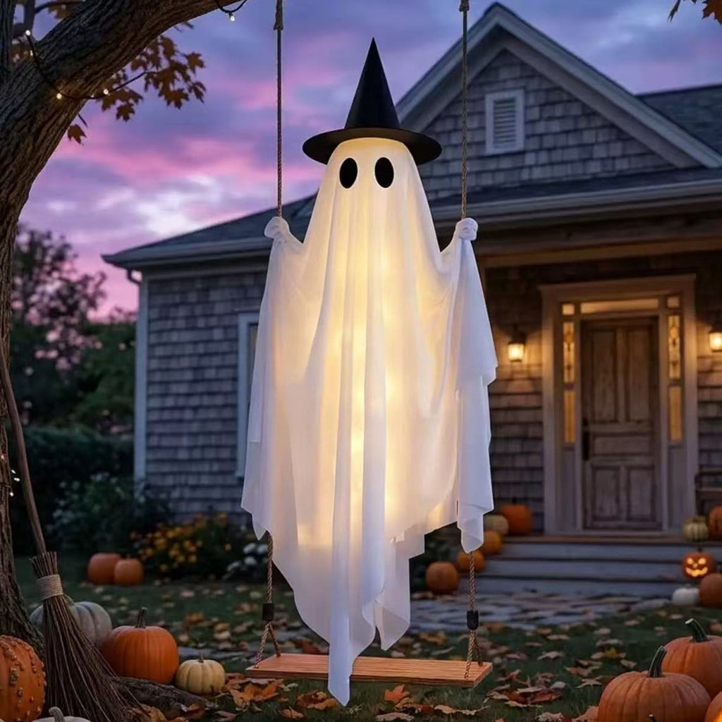 Spooksy™ Qwtwty Halloween Hanging Swinging Ghost Decor, Large Flying Ghost Halloween Ornaments with Witch Hat for Front Yard Patio Lawn Garden Party Decor
