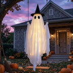 Spooksy™ Qwtwty Halloween Hanging Swinging Ghost Decor, Large Flying Ghost Halloween Ornaments with Witch Hat for Front Yard Patio Lawn Garden Party Decor