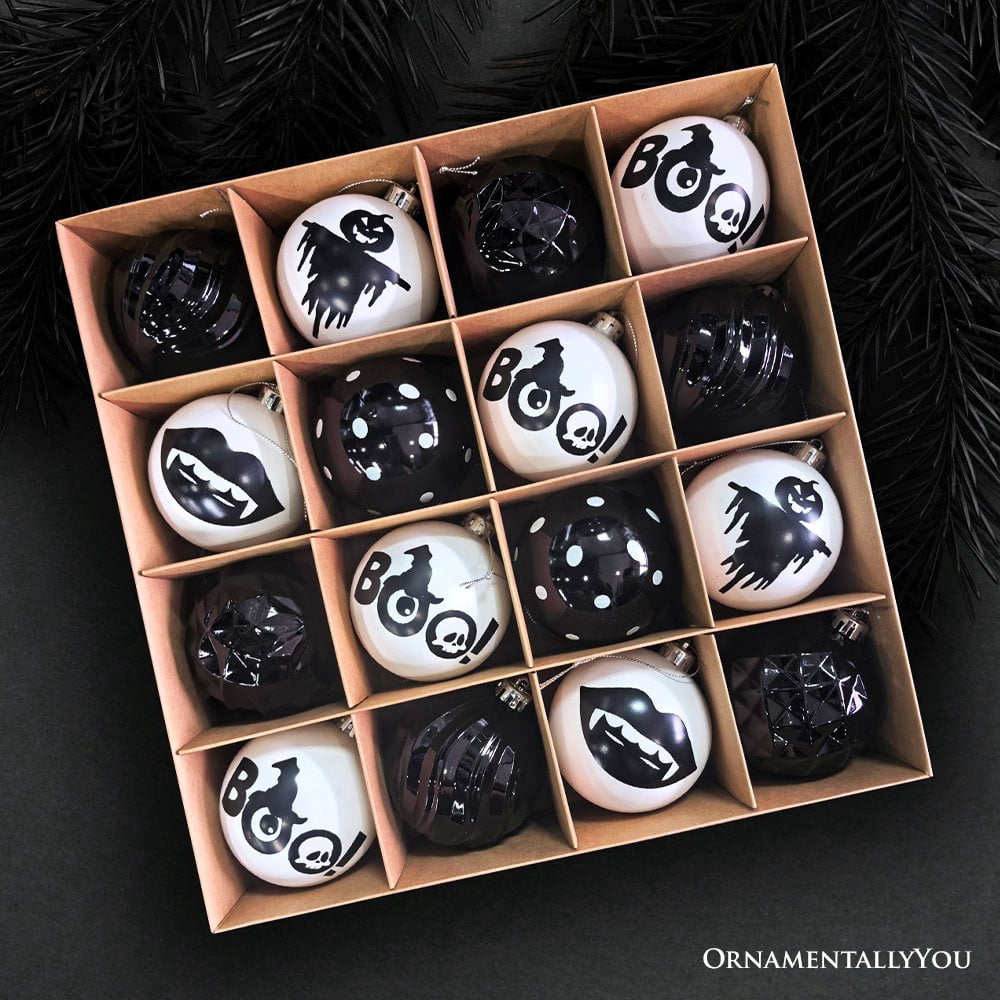 Spooksy™ Creepy Boo Assorted 16 Piece Black and White Ornament Bundle, Monochrome 3" Halloween Bauble Set